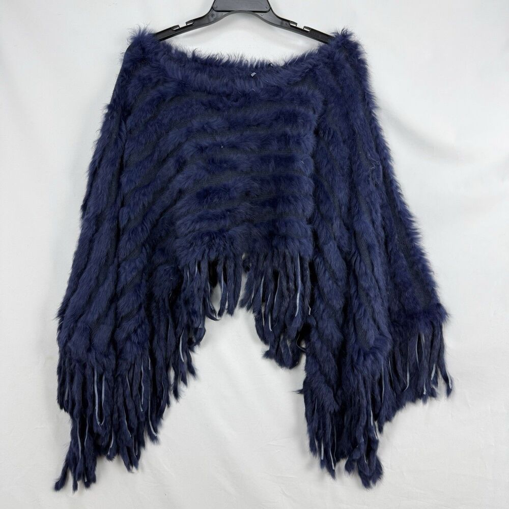 Navy Blue Faux Fur Poncho Cape Fringe Women’s One Size Soft Cozy Wrap - Picture 14 of 14